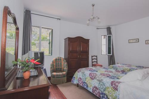 ein Schlafzimmer mit einem Bett und einem Spiegel sowie einem TV in der Unterkunft Residencial Familia in Machico