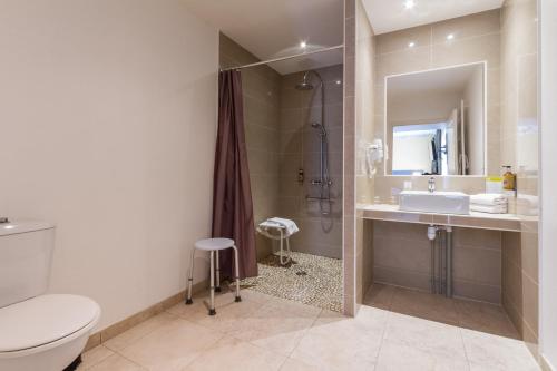 y baño con ducha, aseo y lavamanos. en Logis Hôtel Restaurant des Châteaux, en Azay-le-Rideau