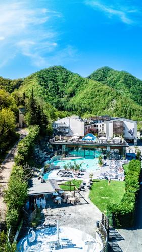an aerial view of a resort with mountains in the background at Euroterme in Bagno di Romagna