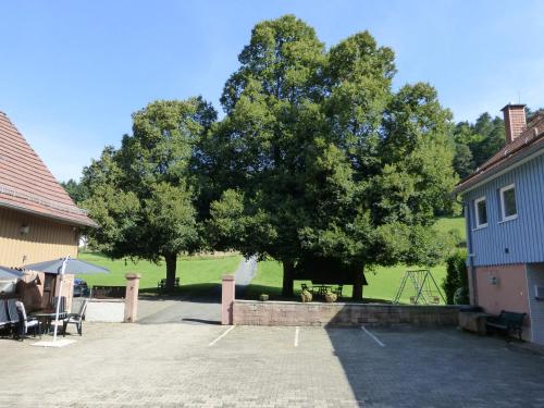 un gran árbol en un patio junto a una casa en Ferienwohnungen Zur Mühle, en Mossautal