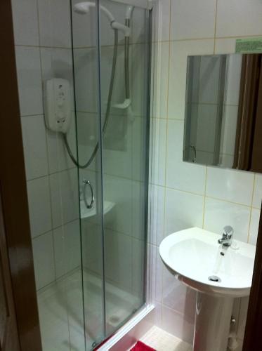 a shower with a glass door next to a sink at The Horseshoe in Bristol