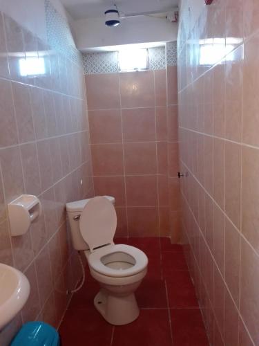 a bathroom with a toilet and a sink at Hostal Puerto Alegre in Copacabana