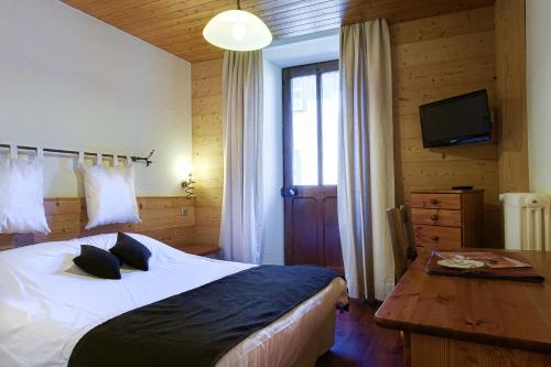 a bedroom with a large bed and a television at Hotel Du Commerce in Thônes