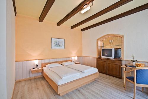 1 dormitorio con 1 cama y TV en Pension Martha, en Grein