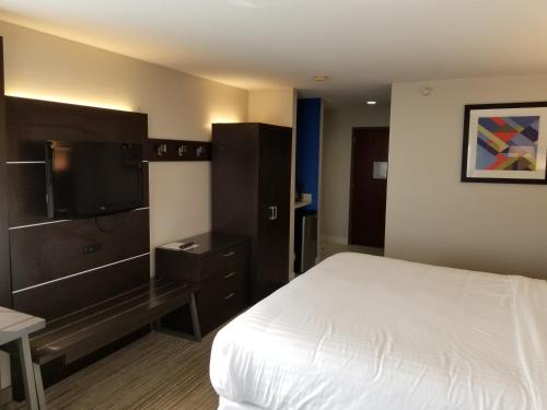 a hotel room with a bed and a flat screen tv at Holiday Inn Express Birch Run-Frankenmuth Area by IHG in Birch Run