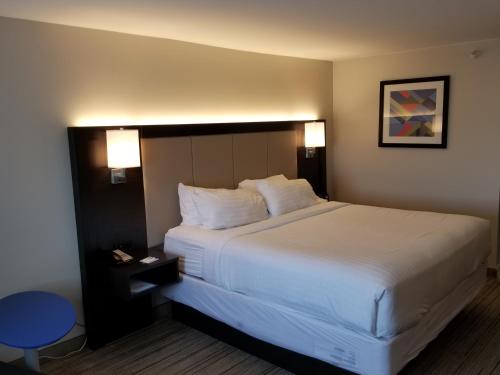 a hotel room with a large bed with white pillows at Holiday Inn Express Birch Run-Frankenmuth Area by IHG in Birch Run