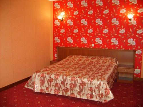a bedroom with a bed with a red wall at Hotel Complex Gayki in Zhytomyr