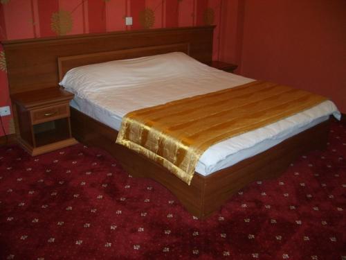 a large bed in a room with a red carpet at Hotel Complex Gayki in Zhytomyr