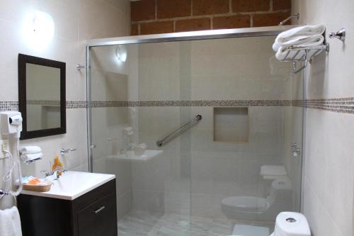 a bathroom with a glass shower with a toilet and a sink at Hotel Boutique La Herencia in Tequisquiapan