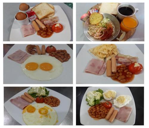 een collage van vier foto's van ontbijtproducten bij The Beach Front Resort, Pattaya in Pattaya