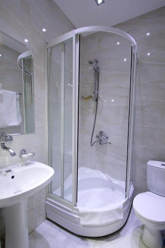 a bathroom with a shower and a toilet and a sink at GTM Kapan in Tbilisi City
