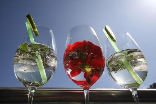 three wine glasses with a red flower in them at Hotel Bärolina in Serfaus