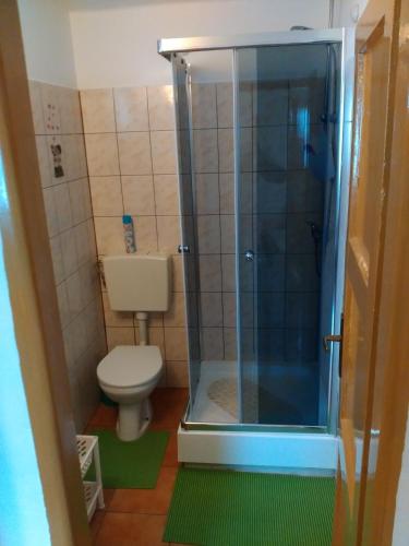 a bathroom with a toilet and a glass shower at Penzión Anika in Krásnohorská Dlhá Lúka