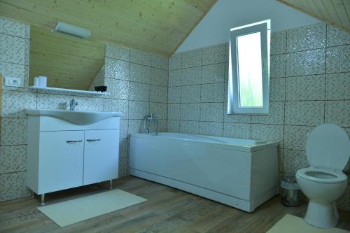 e bagno con vasca, servizi igienici e lavandino. di Casa Green Garden a Vişeu de Sus