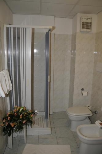 a bathroom with a shower and a toilet and a sink at Hotel Kiris in Viggiano