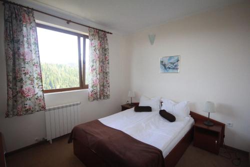 a hotel room with a bed and a window at Dafovska Hotel in Pamporovo