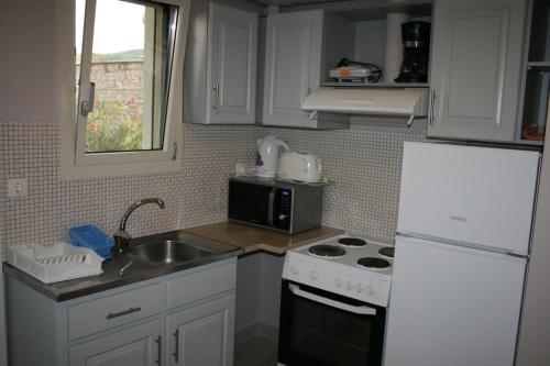 a kitchen with a white refrigerator and a sink at Emily's Apartments in Kassiopi