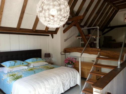 1 dormitorio con cama y lámpara de araña en B & B De Pimpelmees, en 's-Gravenmoer