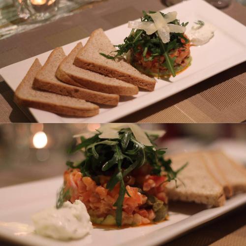 two pictures of a plate of food with toast at Vivienda Hotel Villas Granada in Riyadh