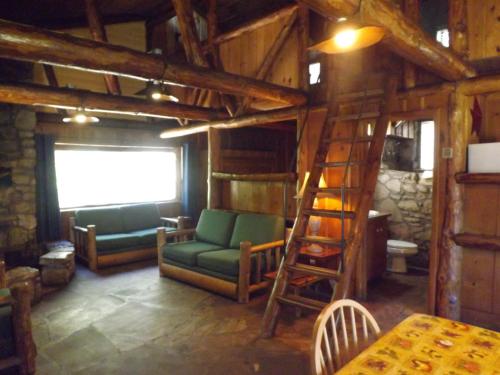a living room with a green couch and a ladder at Arizona Mountain Inn & Cabins in Flagstaff