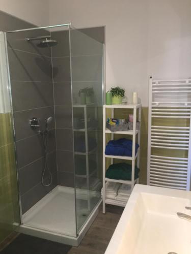 a shower with a glass door next to a sink at B&B ARCOBALENO in Longone al Segrino
