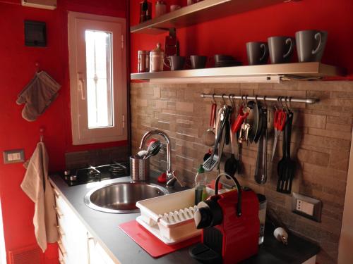 ミラノにあるIl Nido Sul Tetto A Milanoの赤い壁のキッチン(シンク付)