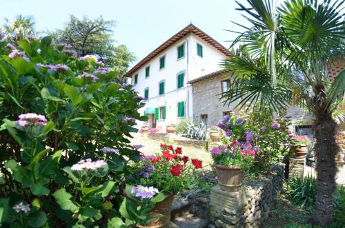 a garden with flowers in front of a house at Villa al Borghetto in Uzzano