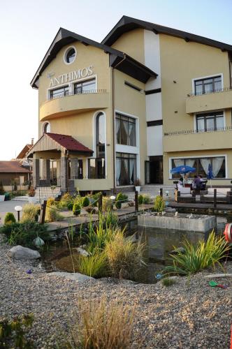 a building with a pond in front of it at Anthimos in Baile Felix
