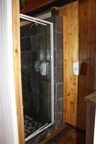 a bathroom with a shower with a glass door at Sodwana Bay Lodge Dive & Fishing Resort in Sodwana Bay