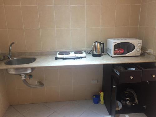a kitchen counter with a microwave and a sink at One Bedroom Chalet at Gardenia Al Wadi in Ain Sokhna