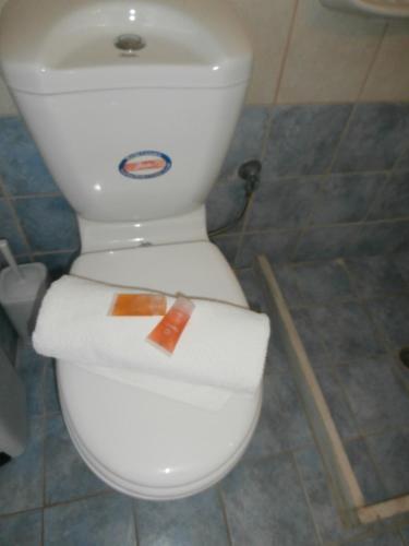 a white toilet with a piece of tape on it at Pansion Limni in Keri
