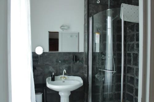 a bathroom with a sink and a shower at La Petite Ecole de la Baie in Pontorson