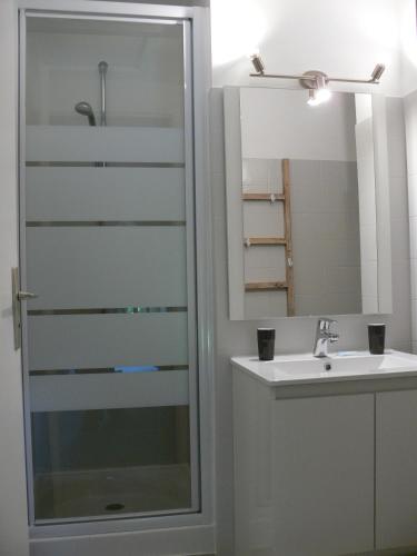 une salle de bain avec douche et lavabo dans l'établissement Le Clos des Archers, à Laveyssière