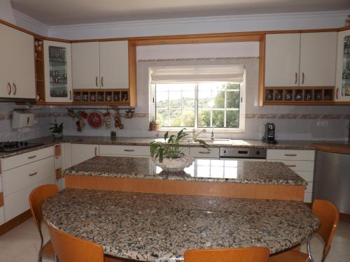 a kitchen with a table with a potted plant on it at Villa Estrelamar in Boliqueime