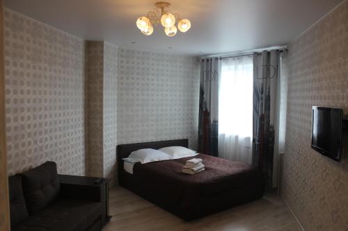 アルハンゲリスクにあるKvartira v centre Obvodnyy 29のベッドルーム(ベッド1台、ソファ、テレビ付)