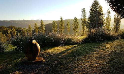 a vase sitting in the middle of a field at Chambres d'Hôtes Secret Pyrenées in Lasseube