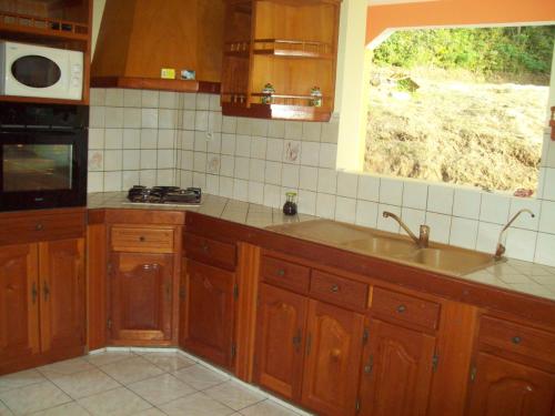 een keuken met houten kasten, een wastafel en een raam bij Villa Bouillante in Bouillante