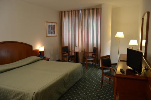 Habitación de hotel con cama y escritorio con TV. en Hotel Due Leoni en Sacile
