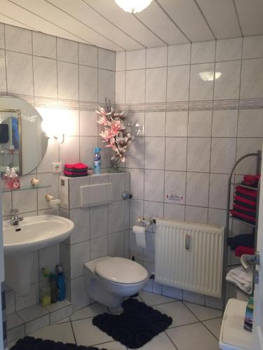 łazienka z toaletą i umywalką w obiekcie Apartment am Park w mieście Tönisvorst