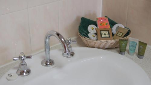 a white bathroom sink with a basket of toys at Ningana Motel in Mudgee