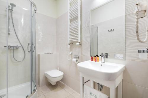 Un baño con lavabo, ducha e inodoro. en Uzdrowisko Cieplice - Jelenia Góra - Pawilon Edward, en Jelenia Góra