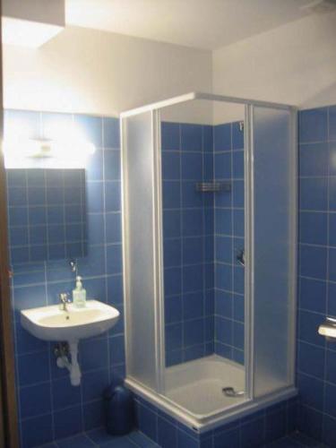a blue tiled bathroom with a shower and a sink at Hostel Nuove Frontiere in Nysa
