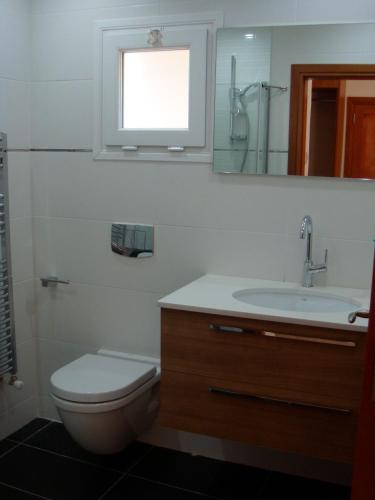 a bathroom with a toilet and a sink and a mirror at Villa Elleysi, Bellapais in Kazaphani