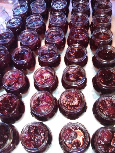 a group of purple glasses sitting on a table at The Burrow Guest House in Tarxien