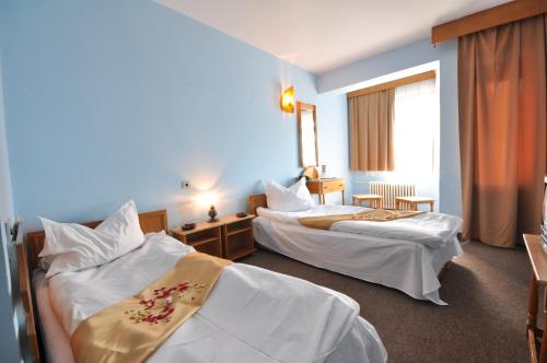 コンスタンツァにあるHotel Dobrogeaのベッド2台と窓が備わるホテルルームです。