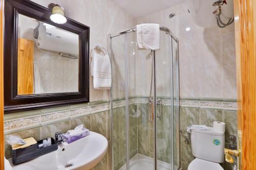 łazienka z prysznicem, toaletą i umywalką w obiekcie Apartamentos Castillo Cazorla w mieście Cazorla