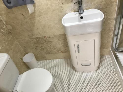 a bathroom with a toilet and a sink at St George Hotel Great Yarmouth in Great Yarmouth