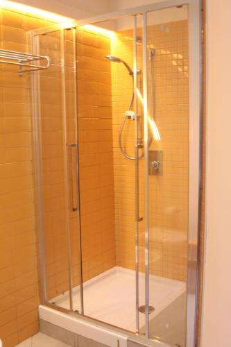 a shower with a glass door in a bathroom at Edificio 15 House Elite in Rodi Garganico