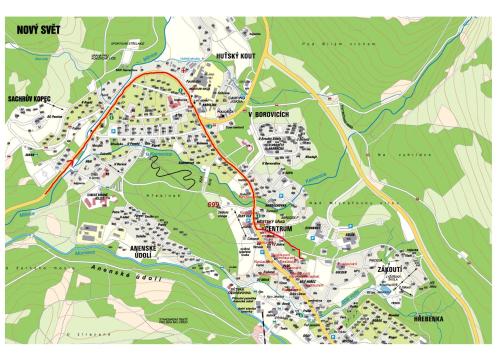 a map with a red line on it at Konvalinka - ubytování v soukromí in Harrachov