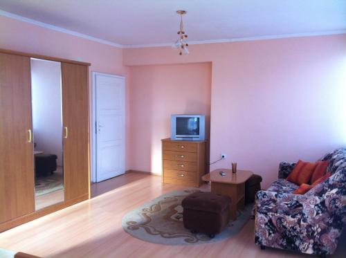 a living room with a couch and a tv at Family Hotel Velevi in Velingrad